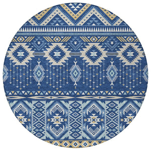 HomeRoots 5' Versatile Aztec Indoor/Outdoor Area Rug in Navy Blue, Beige & Ivory - Durable, Washable Design 8' Round 622793