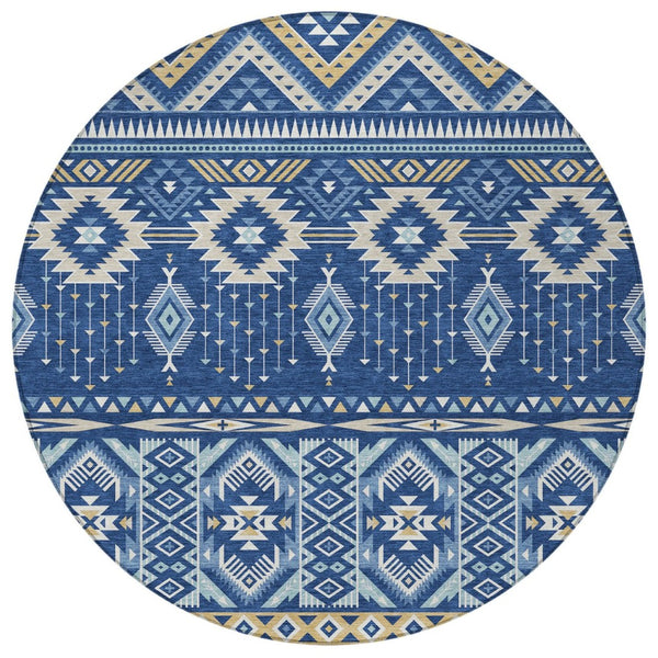 HomeRoots 5' Versatile Aztec Indoor/Outdoor Area Rug in Navy Blue, Beige & Ivory - Durable, Washable Design 8' Round 622793