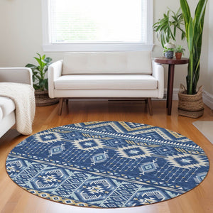 HomeRoots 5' Versatile Aztec Indoor/Outdoor Area Rug in Navy Blue, Beige & Ivory - Durable, Washable Design 8' Round 622793