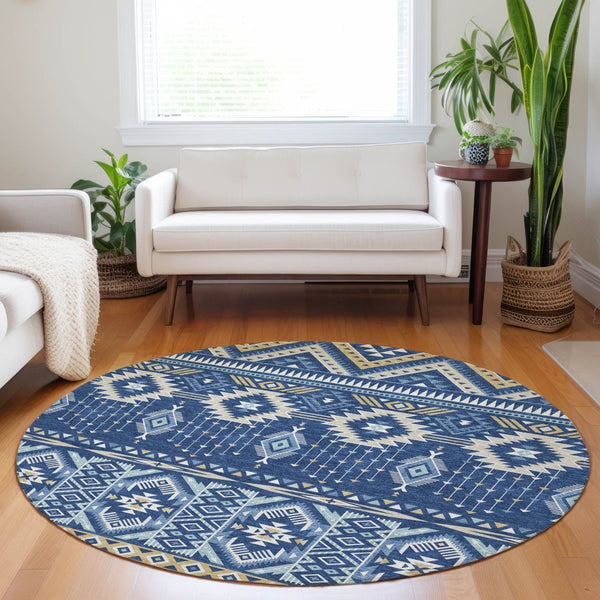 HomeRoots 5' Versatile Aztec Indoor/Outdoor Area Rug in Navy Blue, Beige & Ivory - Durable, Washable Design 8' Round 622793