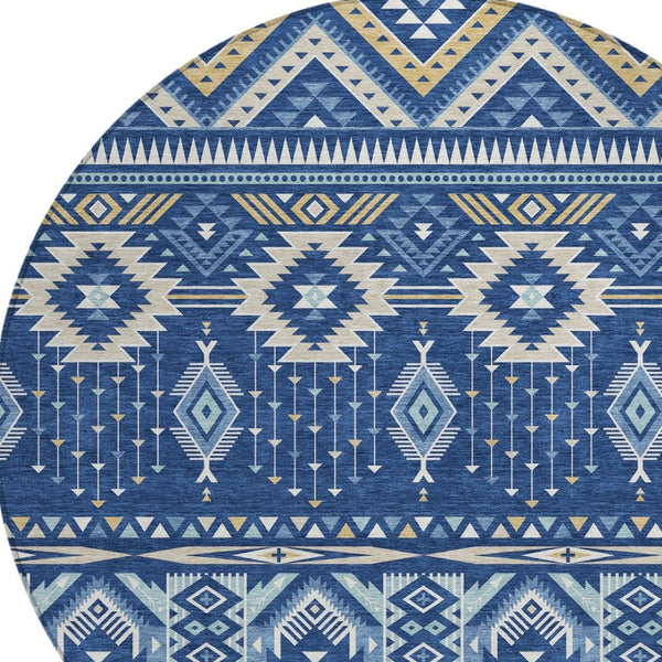 HomeRoots 5' Versatile Aztec Indoor/Outdoor Area Rug in Navy Blue, Beige & Ivory - Durable, Washable Design 8' Round 622793