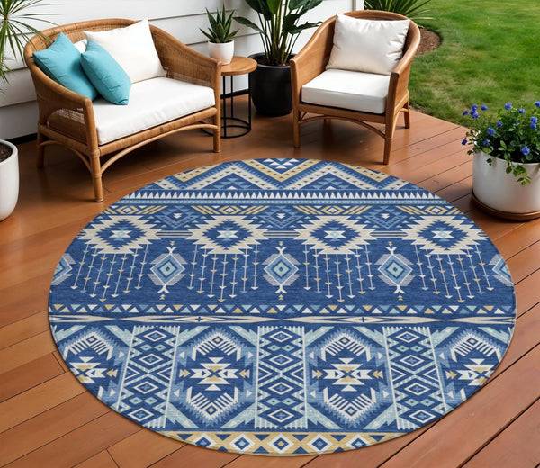 HomeRoots 5' Versatile Aztec Indoor/Outdoor Area Rug in Navy Blue, Beige & Ivory - Durable, Washable Design 8' Round 622793