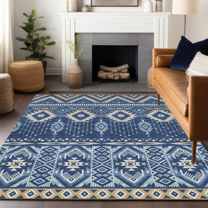 HomeRoots 5' Versatile Aztec Indoor/Outdoor Area Rug in Navy Blue, Beige & Ivory - Durable, Washable Design 8' X 10' 622794