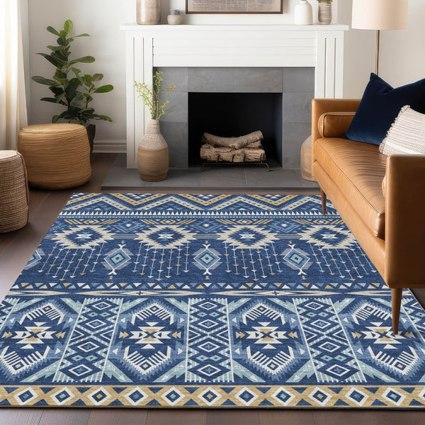 HomeRoots 5' Versatile Aztec Indoor/Outdoor Area Rug in Navy Blue, Beige & Ivory - Durable, Washable Design 8' X 10' 622794