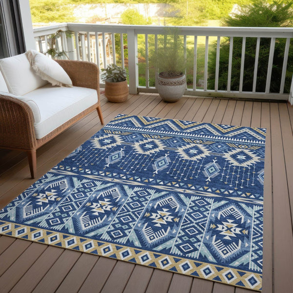 HomeRoots 5' Versatile Aztec Indoor/Outdoor Area Rug in Navy Blue, Beige & Ivory - Durable, Washable Design 9' X 12' 622795