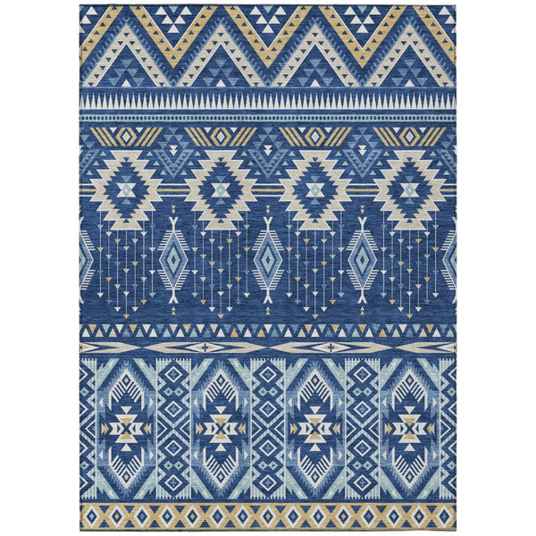 HomeRoots 5' Versatile Aztec Indoor/Outdoor Area Rug in Navy Blue, Beige & Ivory - Durable, Washable Design 9' X 12' 622795