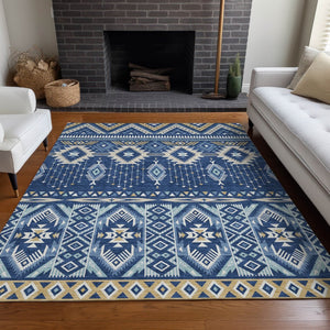 HomeRoots 5' Versatile Aztec Indoor/Outdoor Area Rug in Navy Blue, Beige & Ivory - Durable, Washable Design 10' X 14' 622796