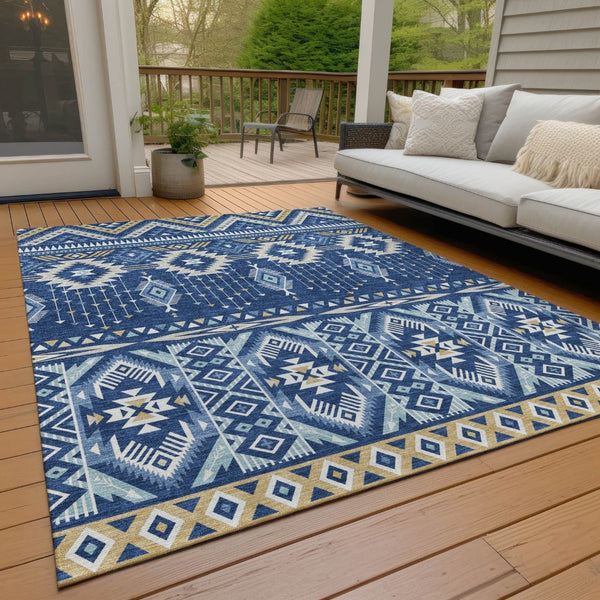 HomeRoots 5' Versatile Aztec Indoor/Outdoor Area Rug in Navy Blue, Beige & Ivory - Durable, Washable Design 10' X 14' 622796