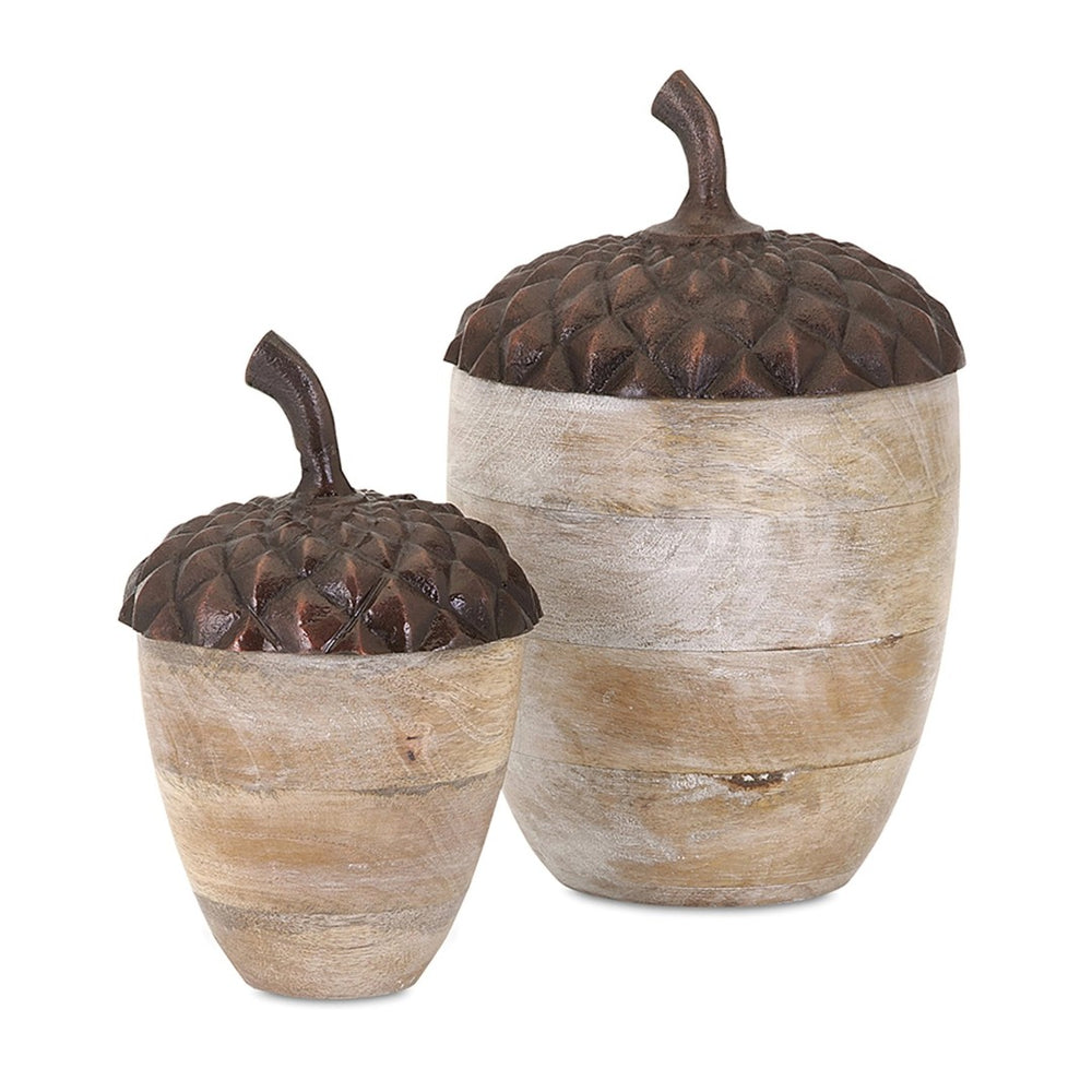 English Elm Set of 2 Mango Wood Acorn Figurines with Hammered Copper Aluminum Caps Shelf Decor W2078P361045