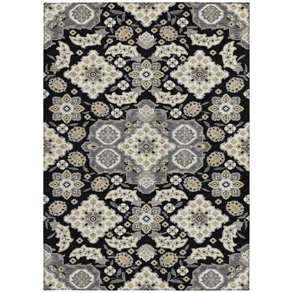 HomeRoots 5' Black Gray Beige Medallion Indoor Outdoor Area Rug – Stylish, Washable & Durable for All Spaces 5' X 8' 622840