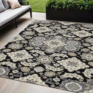 HomeRoots 5' Black Gray Beige Medallion Indoor Outdoor Area Rug – Stylish, Washable & Durable for All Spaces 5' X 8' 622840