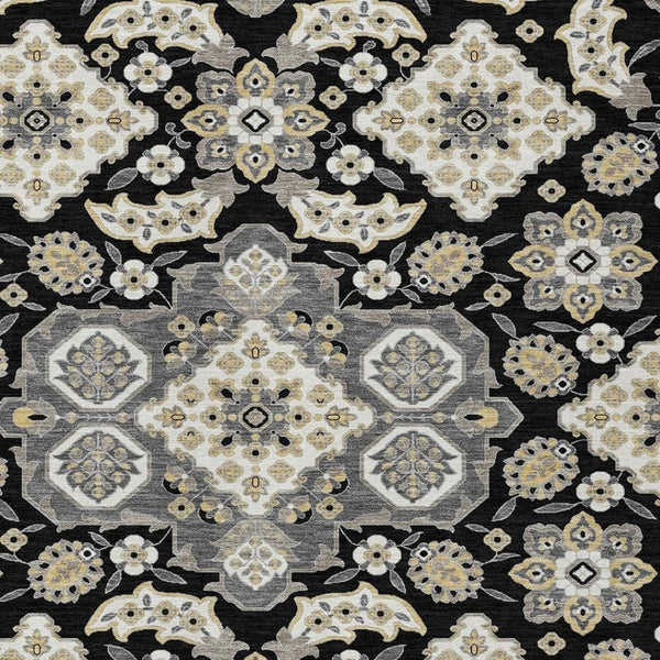 HomeRoots 5' Black Gray Beige Medallion Indoor Outdoor Area Rug – Stylish, Washable & Durable for All Spaces 5' X 8' 622840