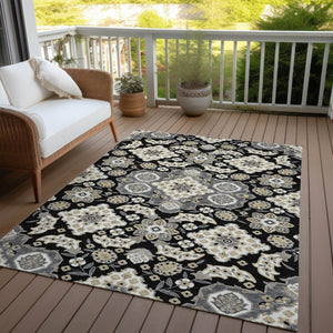 HomeRoots 5' Black Gray Beige Medallion Indoor Outdoor Area Rug – Stylish, Washable & Durable for All Spaces 5' X 8' 622840