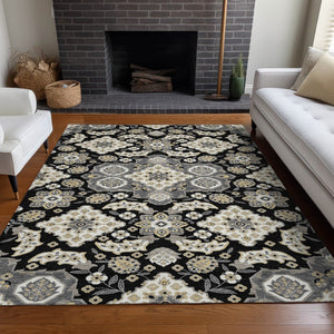 HomeRoots 5' Black Gray Beige Medallion Indoor Outdoor Area Rug – Stylish, Washable & Durable for All Spaces 5' X 8' 622840
