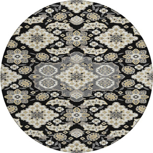 HomeRoots 5' Black Gray Beige Medallion Indoor Outdoor Area Rug – Stylish, Washable & Durable for All Spaces 8' Round 622841