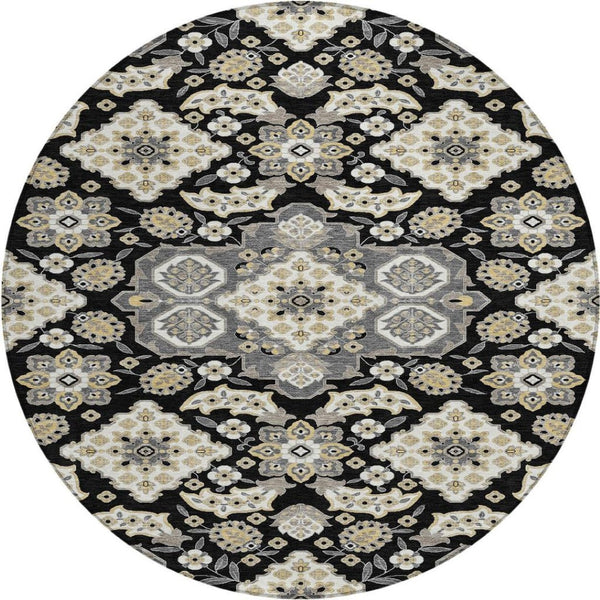 HomeRoots 5' Black Gray Beige Medallion Indoor Outdoor Area Rug – Stylish, Washable & Durable for All Spaces 8' Round 622841