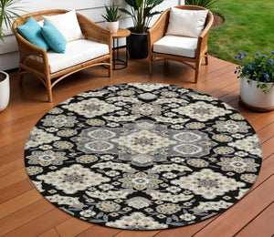 HomeRoots 5' Black Gray Beige Medallion Indoor Outdoor Area Rug – Stylish, Washable & Durable for All Spaces 8' Round 622841