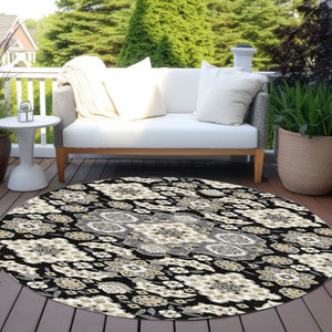 HomeRoots 5' Black Gray Beige Medallion Indoor Outdoor Area Rug – Stylish, Washable & Durable for All Spaces 8' Round 622841