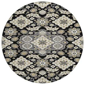 HomeRoots 5' Black Gray Beige Medallion Indoor Outdoor Area Rug – Stylish, Washable & Durable for All Spaces 8' Round 622841