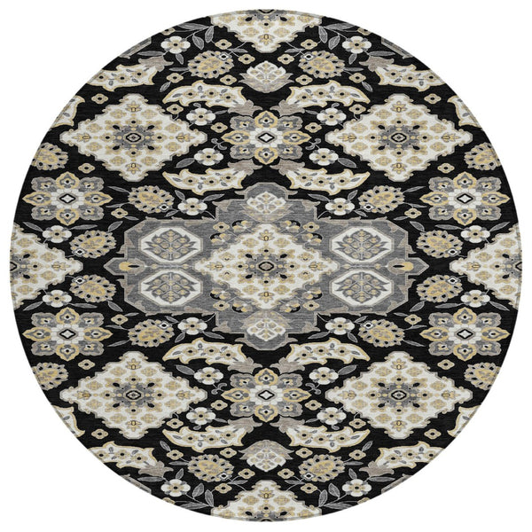 HomeRoots 5' Black Gray Beige Medallion Indoor Outdoor Area Rug – Stylish, Washable & Durable for All Spaces 8' Round 622841