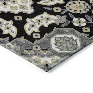 HomeRoots 5' Black Gray Beige Medallion Indoor Outdoor Area Rug – Stylish, Washable & Durable for All Spaces 8' Round 622841