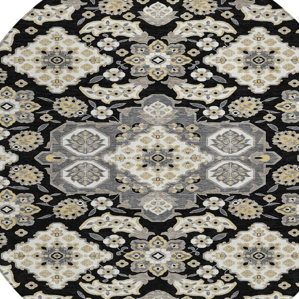 HomeRoots 5' Black Gray Beige Medallion Indoor Outdoor Area Rug – Stylish, Washable & Durable for All Spaces 8' Round 622841