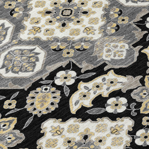 HomeRoots 5' Black Gray Beige Medallion Indoor Outdoor Area Rug – Stylish, Washable & Durable for All Spaces 8' Round 622841