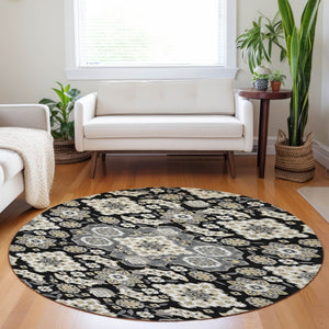 HomeRoots 5' Black Gray Beige Medallion Indoor Outdoor Area Rug – Stylish, Washable & Durable for All Spaces 8' Round 622841