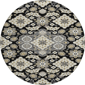 HomeRoots 5' Black Gray Beige Medallion Indoor Outdoor Area Rug – Stylish, Washable & Durable for All Spaces 8' Round 622841