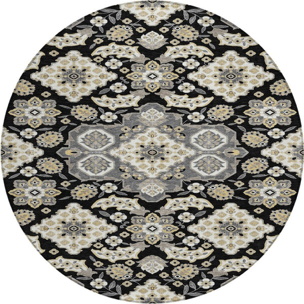 HomeRoots 5' Black Gray Beige Medallion Indoor Outdoor Area Rug – Stylish, Washable & Durable for All Spaces 8' Round 622841