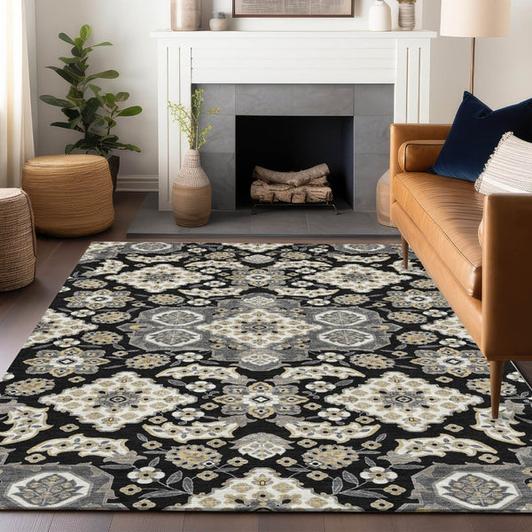 HomeRoots 5' Black Gray Beige Medallion Indoor Outdoor Area Rug – Stylish, Washable & Durable for All Spaces 8' X 10' 622842