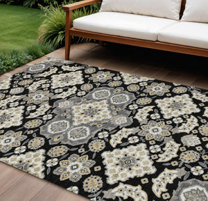 HomeRoots 5' Black Gray Beige Medallion Indoor Outdoor Area Rug – Stylish, Washable & Durable for All Spaces 9' X 12' 622843