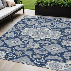HomeRoots 5' Stylish Blue Ivory and Gray Medallion Washable Area Rug for Indoor and Outdoor Living Spaces 5' X 8' 622846