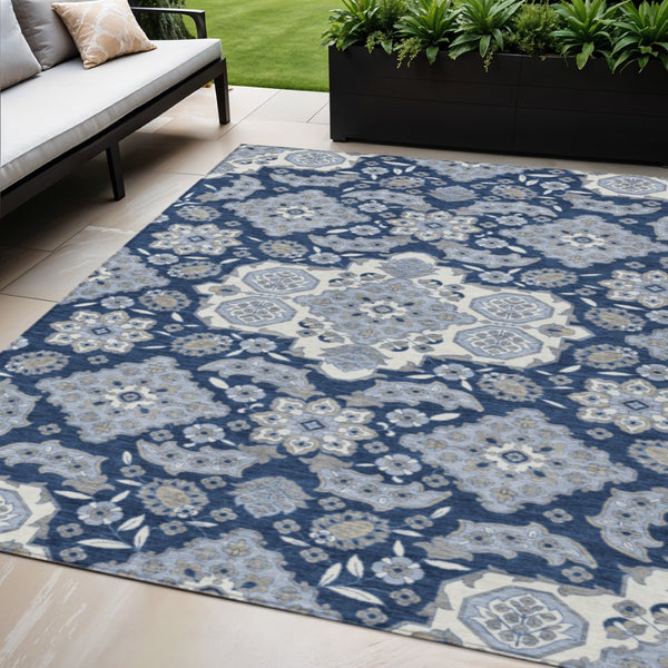 HomeRoots 5' Stylish Blue Ivory and Gray Medallion Washable Area Rug for Indoor and Outdoor Living Spaces 5' X 8' 622846