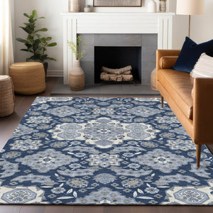 HomeRoots 5' Stylish Blue Ivory and Gray Medallion Washable Area Rug for Indoor and Outdoor Living Spaces 5' X 8' 622846