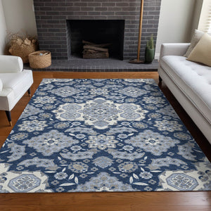 HomeRoots 5' Stylish Blue Ivory and Gray Medallion Washable Area Rug for Indoor and Outdoor Living Spaces 5' X 8' 622846