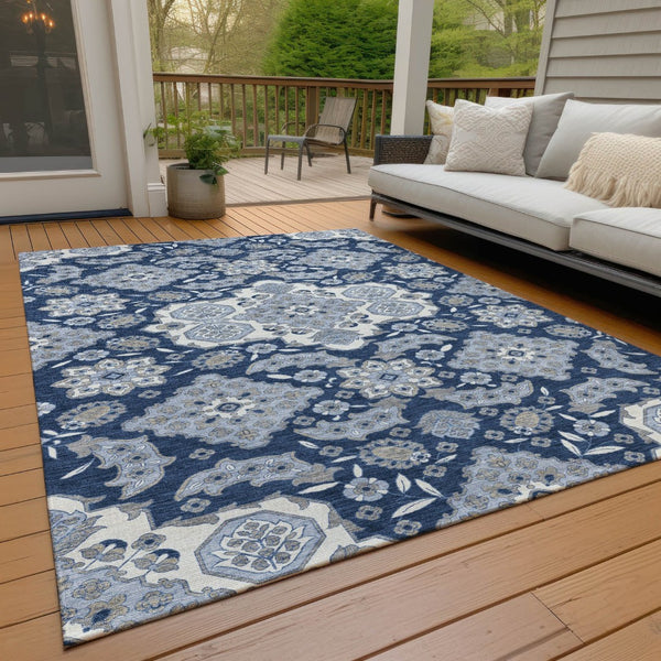 HomeRoots 5' Stylish Blue Ivory and Gray Medallion Washable Area Rug for Indoor and Outdoor Living Spaces 5' X 8' 622846