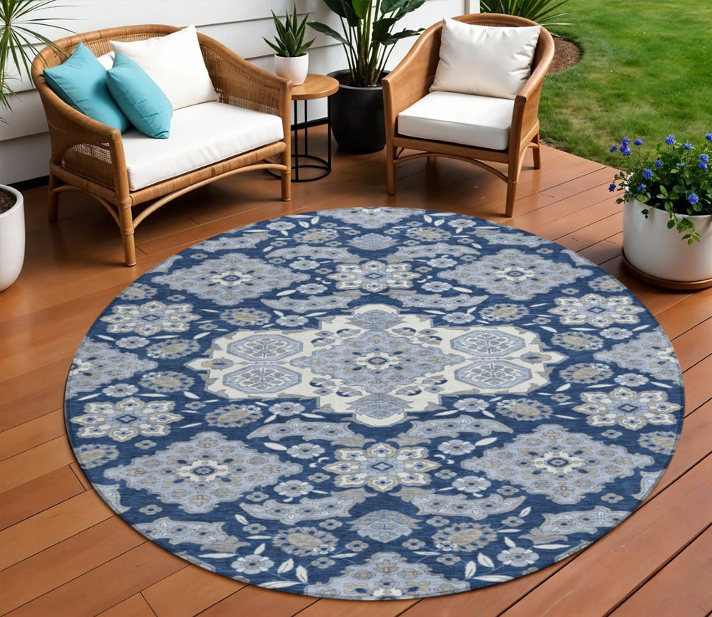 HomeRoots 5' Stylish Blue Ivory and Gray Medallion Washable Area Rug for Indoor and Outdoor Living Spaces 8' Round 622847