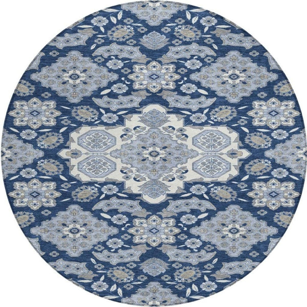 HomeRoots 5' Stylish Blue Ivory and Gray Medallion Washable Area Rug for Indoor and Outdoor Living Spaces 8' Round 622847