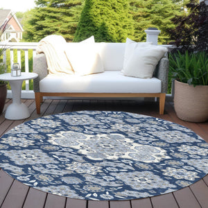 HomeRoots 5' Stylish Blue Ivory and Gray Medallion Washable Area Rug for Indoor and Outdoor Living Spaces 8' Round 622847