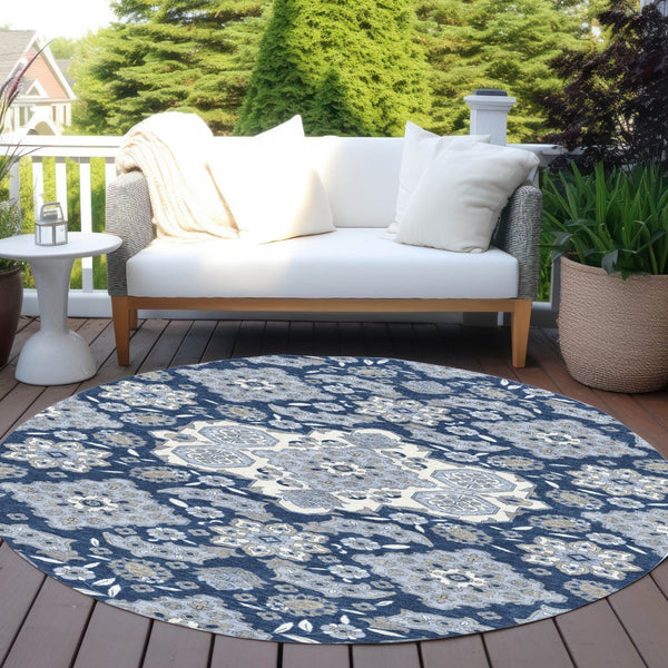 HomeRoots 5' Stylish Blue Ivory and Gray Medallion Washable Area Rug for Indoor and Outdoor Living Spaces 8' Round 622847