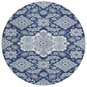 HomeRoots 5' Stylish Blue Ivory and Gray Medallion Washable Area Rug for Indoor and Outdoor Living Spaces 8' Round 622847