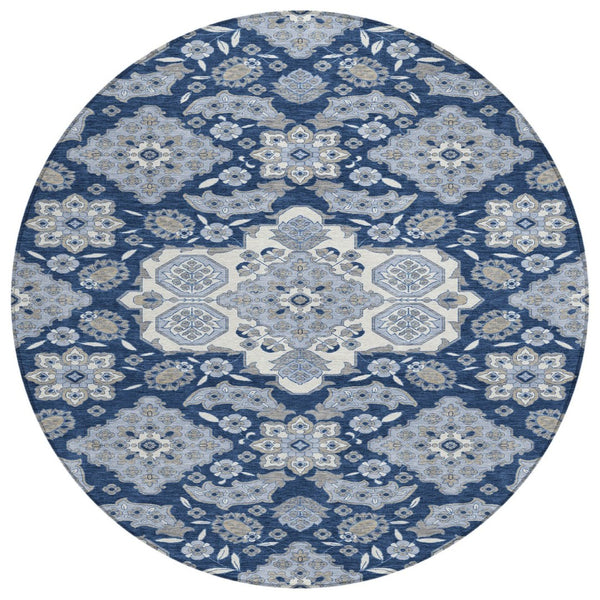 HomeRoots 5' Stylish Blue Ivory and Gray Medallion Washable Area Rug for Indoor and Outdoor Living Spaces 8' Round 622847
