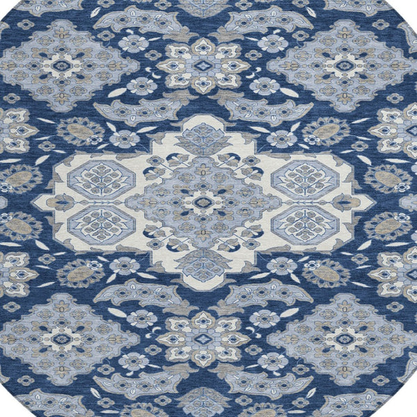 HomeRoots 5' Stylish Blue Ivory and Gray Medallion Washable Area Rug for Indoor and Outdoor Living Spaces 8' Round 622847