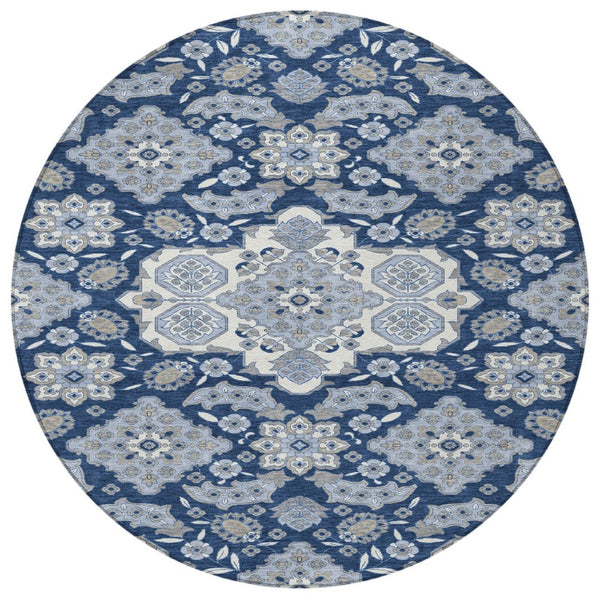 HomeRoots 5' Stylish Blue Ivory and Gray Medallion Washable Area Rug for Indoor and Outdoor Living Spaces 8' Round 622847