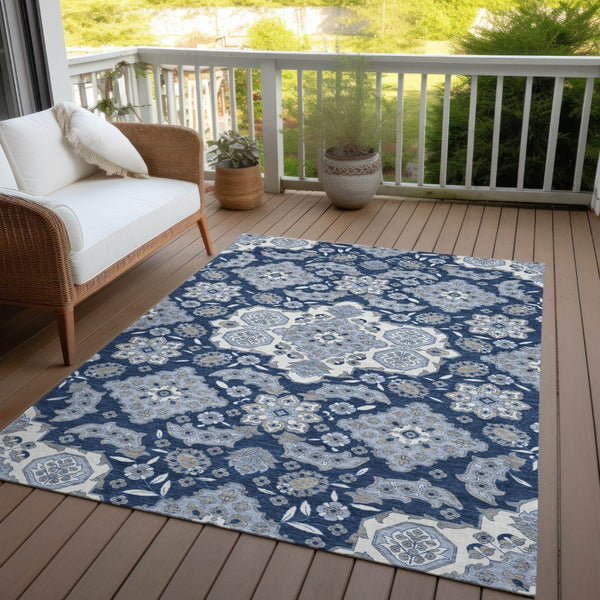HomeRoots 5' Stylish Blue Ivory and Gray Medallion Washable Area Rug for Indoor and Outdoor Living Spaces 8' X 10' 622848