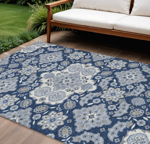 HomeRoots 5' Stylish Blue Ivory and Gray Medallion Washable Area Rug for Indoor and Outdoor Living Spaces 9' X 12' 622849