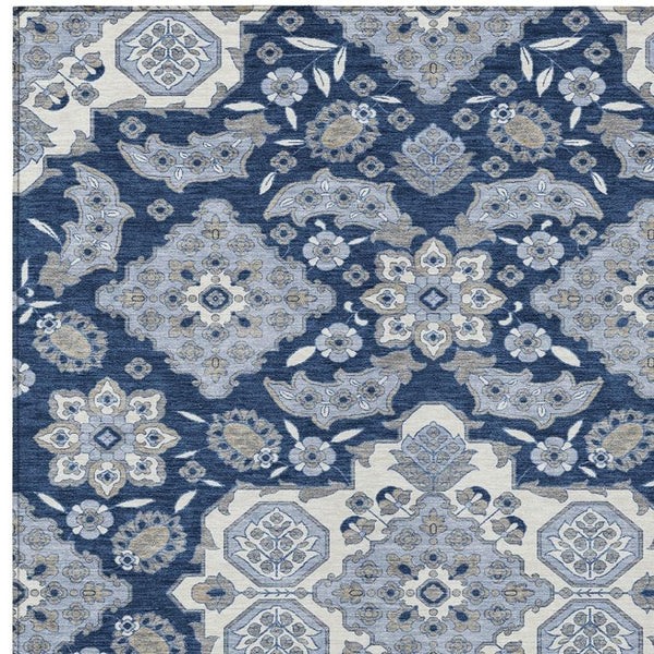 HomeRoots 5' Stylish Blue Ivory and Gray Medallion Washable Area Rug for Indoor and Outdoor Living Spaces 9' X 12' 622849