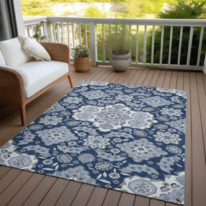 HomeRoots 5' Stylish Blue Ivory and Gray Medallion Washable Area Rug for Indoor and Outdoor Living Spaces 10' X 14' 622850