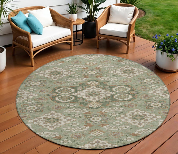 HomeRoots 5' Sage Copper and Ivory Medallion Area Rug - Durable, Washable Indoor/Outdoor Essential for Any Space 8' Round 622887